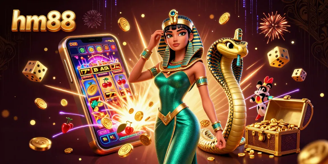 Experience the excitement of hm88's jackpot winners with iconic slot machines and vibrant casino elements.