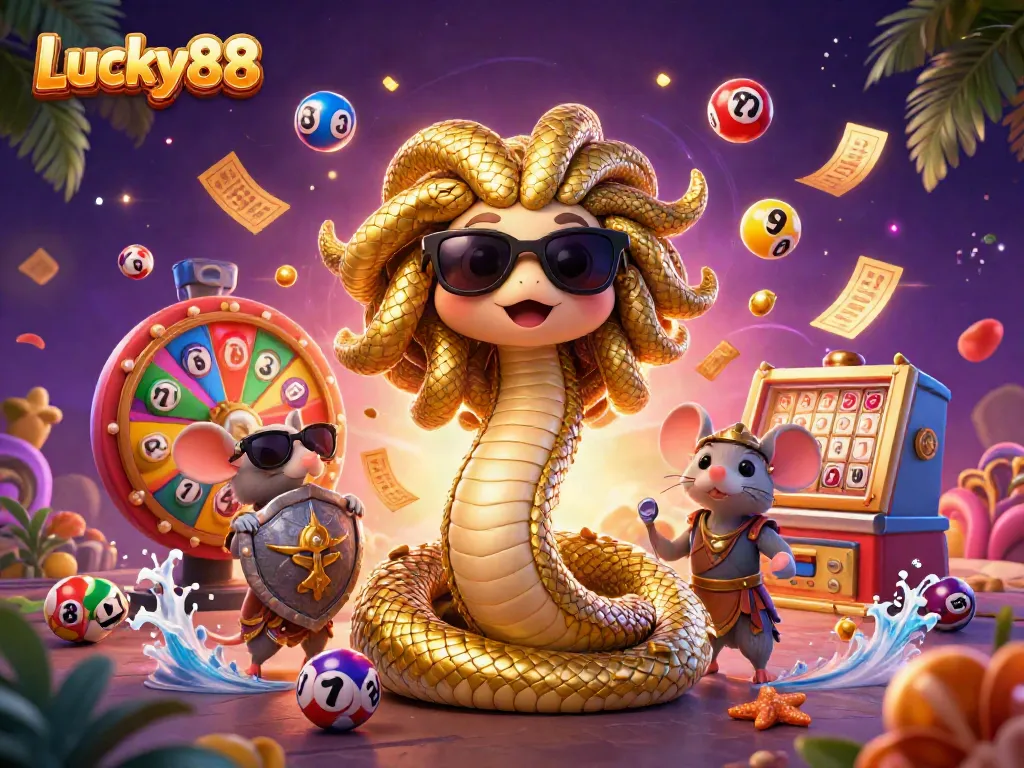 Experience thrilling games at Lucky88 with colorful lottery elements and dynamic characters in a vibrant scene.