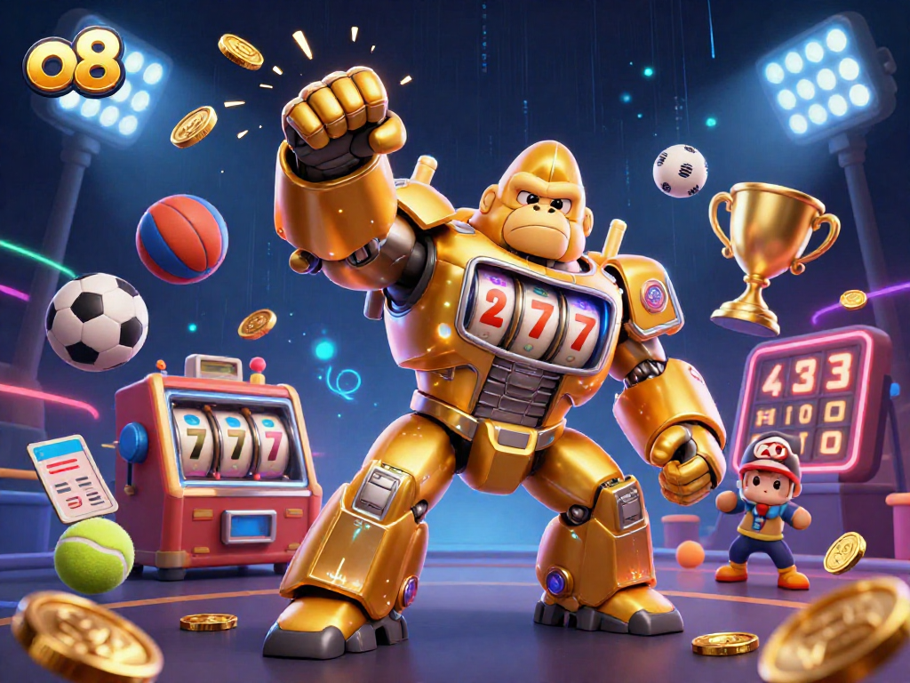 Experience the thrill of gaming at o8 with vibrant casino-themed characters and elements in a dynamic scene.