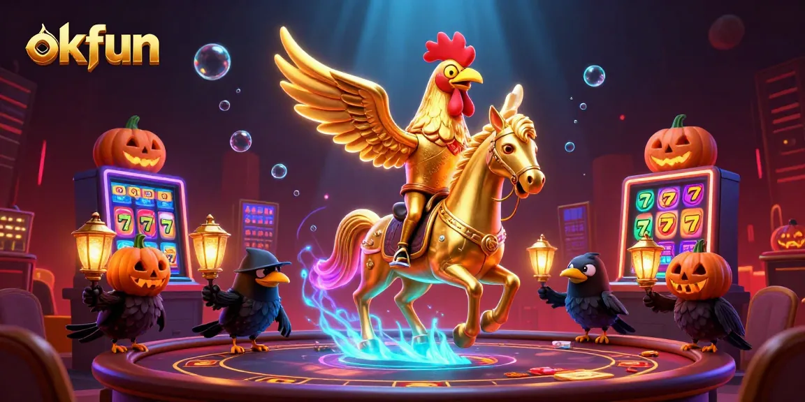 Exciting gameplay at OKFUN casino showcasing a golden rooster and spectral horse, captivating gamblers.