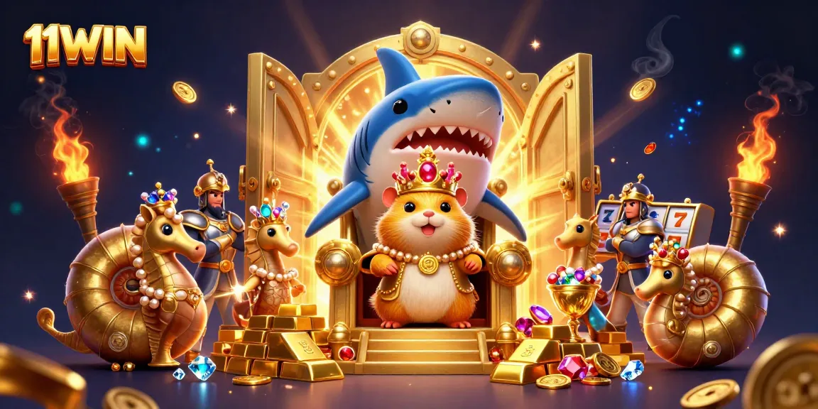 Experience thrilling gaming at 11WIN with a vibrant 3D depiction of a golden hamster king ruling over riches.