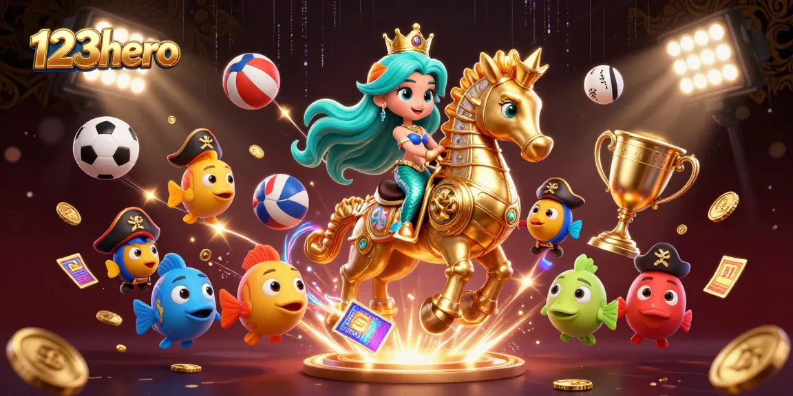 Experience thrilling gameplay with 123hero's vibrant casino-themed 3D illustration featuring a magical mermaid and seahorse.