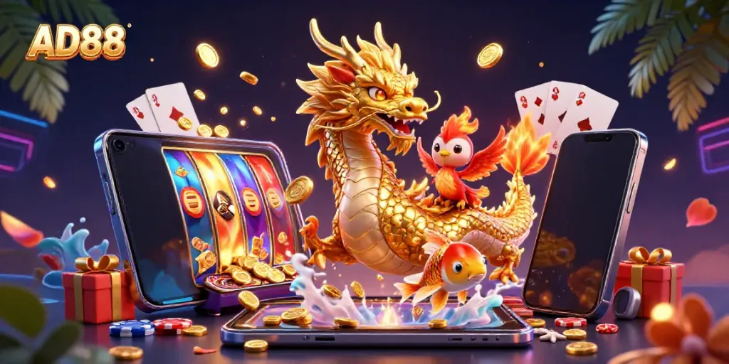 Experience thrilling gaming at AD88 with a vibrant scene of a fierce dragon, interactive games, and golden rewards.