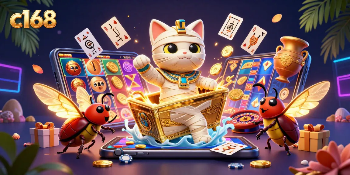 Experience c168's thrilling games with an Egyptian mummy cat and vibrant casino elements.