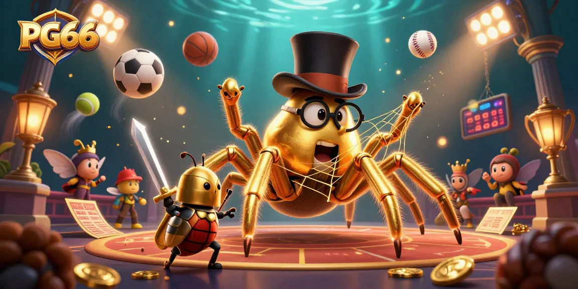 Experience PG66 with a captivating scene of vibrant characters, sports elements, and golden threads in an enchanting casino setting.
