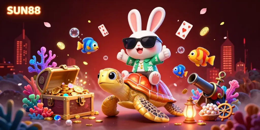 Experience SUN88's exciting betting atmosphere with a lively 3D cartoon scene featuring a lucky rabbit and sea turtle.