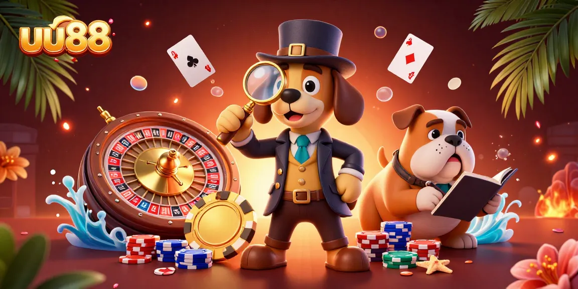 Experience the excitement of uu88 with a detective solving a poker chip mystery amidst casino elements.