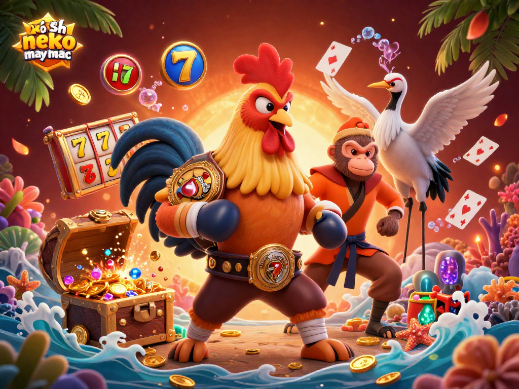 Engage in the Xổ Số neko may mắn with dynamic characters and exciting slot elements in a visually rich 3D illustration.