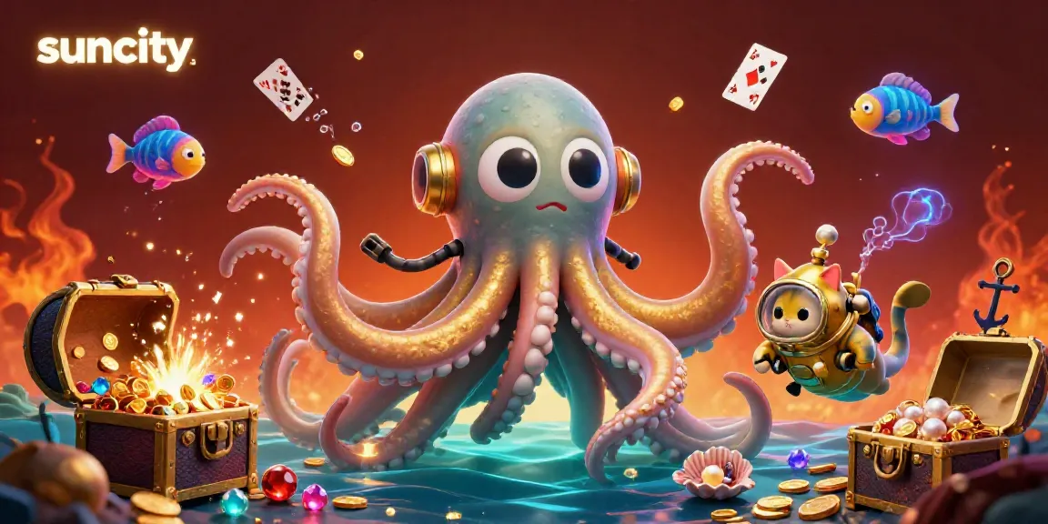 Suncity showcases a colossal kraken amidst casino treasures and vibrant underwater elements.