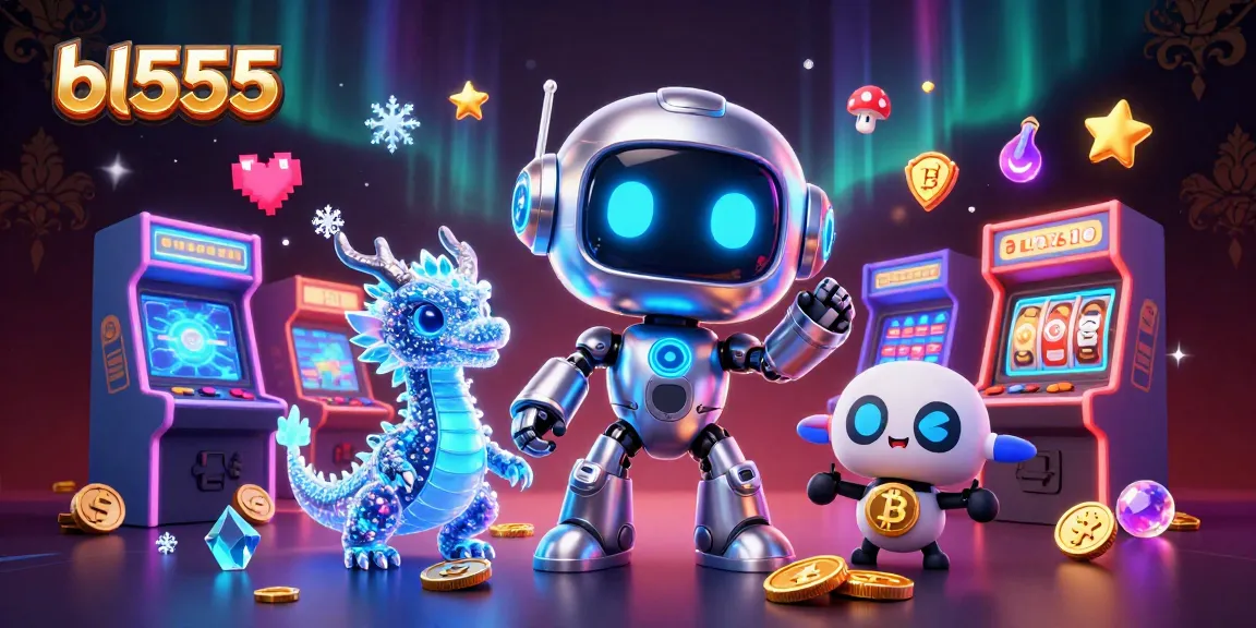 Engage in thrilling gaming at bl555 with a vibrant 3D illustration depicting a cyberpunk robot and casino elements.