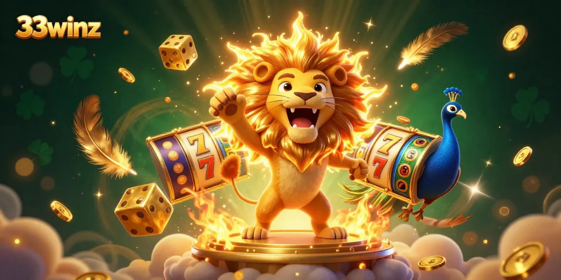 Experience the excitement of 33winz with this vibrant casino-themed illustration featuring a roaring lion and golden dice.