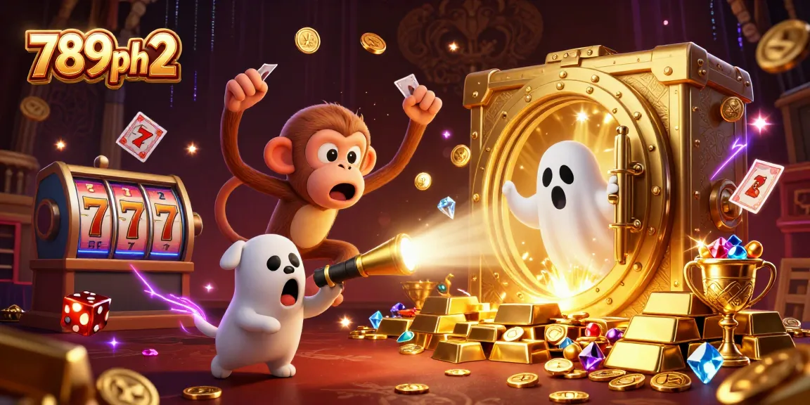 Experience the thrill of 789ph2 in this packed casino scene with a juggling monkey and ghost-hunter puppy.