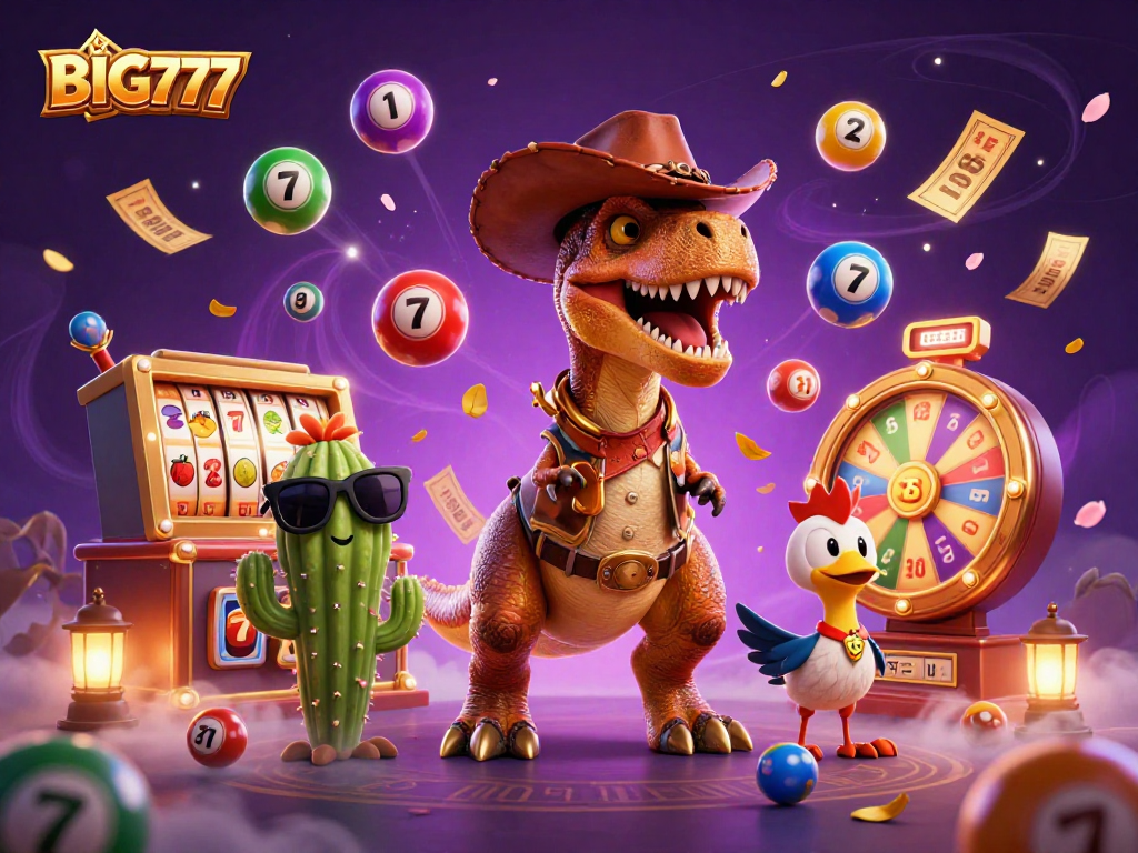 Engage with BIG777 slots featuring a dinosaur, cactus, and roadrunner for a thrilling gameplay experience.