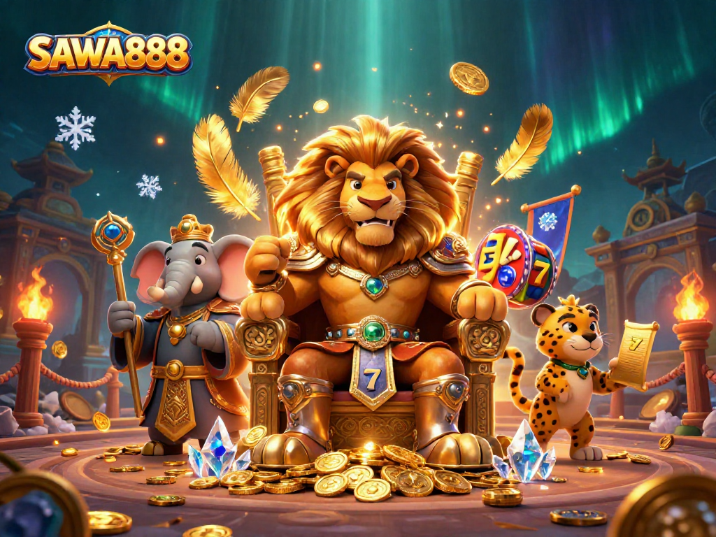 Engage with SAWA888's thrilling slots and jackpots featuring a 3D lion king, surrounded by glamorous casino elements.