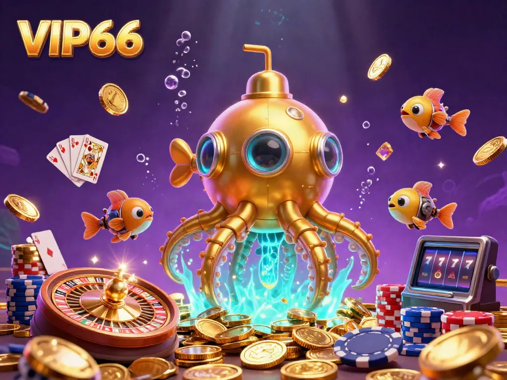 Experience VIP66's vibrant casino atmosphere with a submarine kraken rising amidst coins, enriching player engagement.