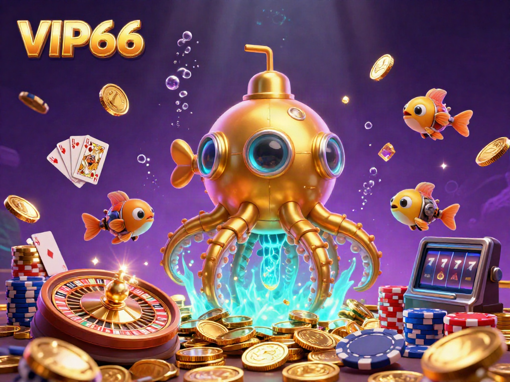 Experience VIP66's vibrant casino atmosphere with a submarine kraken rising amidst coins, enriching player engagement.
