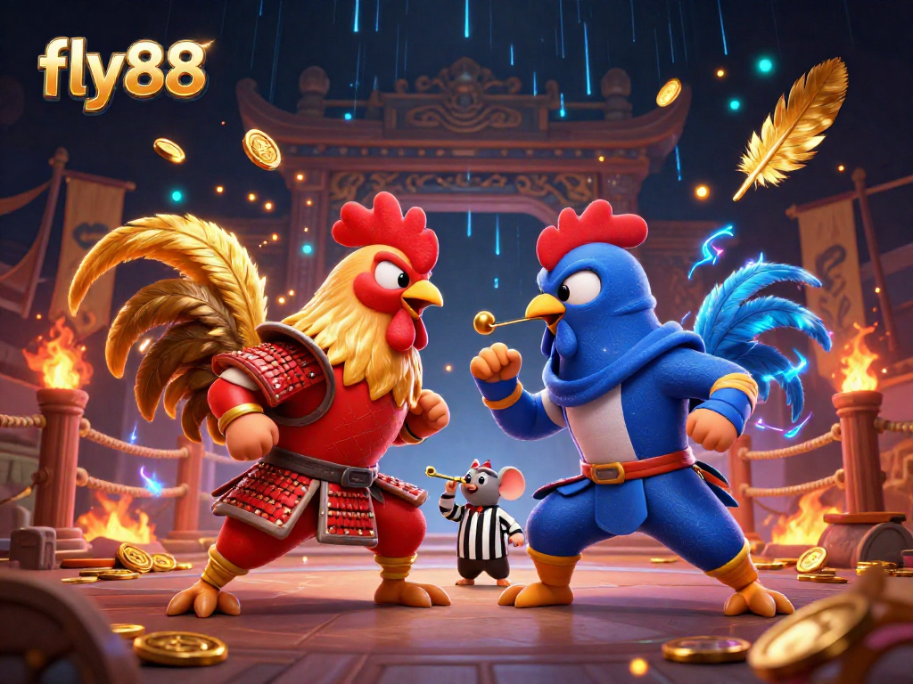 Experience intense fly88 action with fighting roosters and golden gaming elements in a dynamic casino scene.
