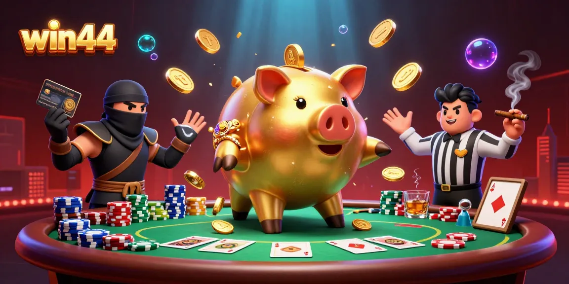 Win44 features a sumo wrestler piggy bank surrounded by vibrant poker elements for an exciting gaming atmosphere.