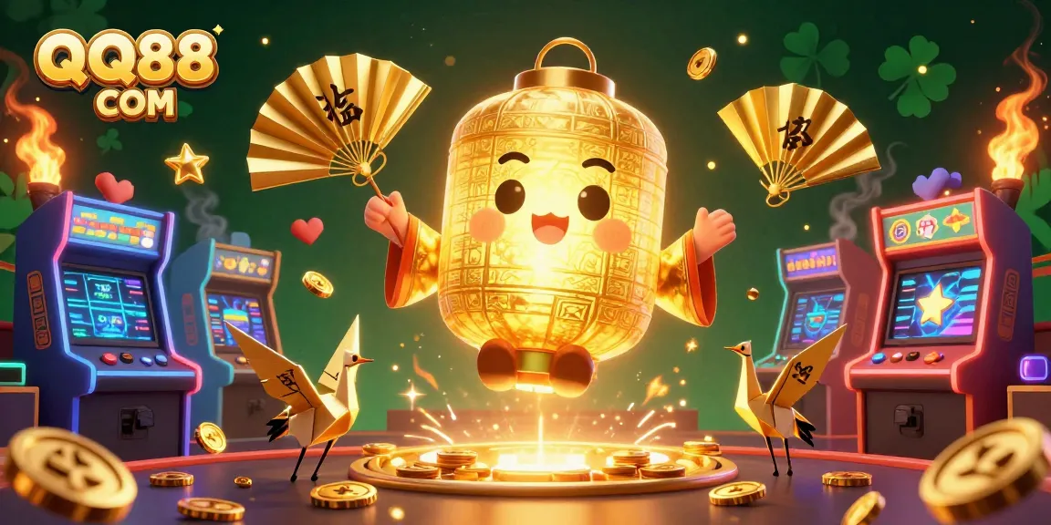 Experience the thrill of QQ88 COM with a dynamic casino-themed illustration showcasing golden lantern spirits and arcade games.