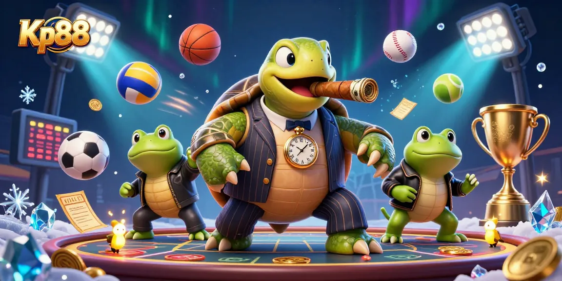 Kp88 offers an exhilarating casino experience with a turtle mobster and froggy enforcers amidst sports betting elements.
