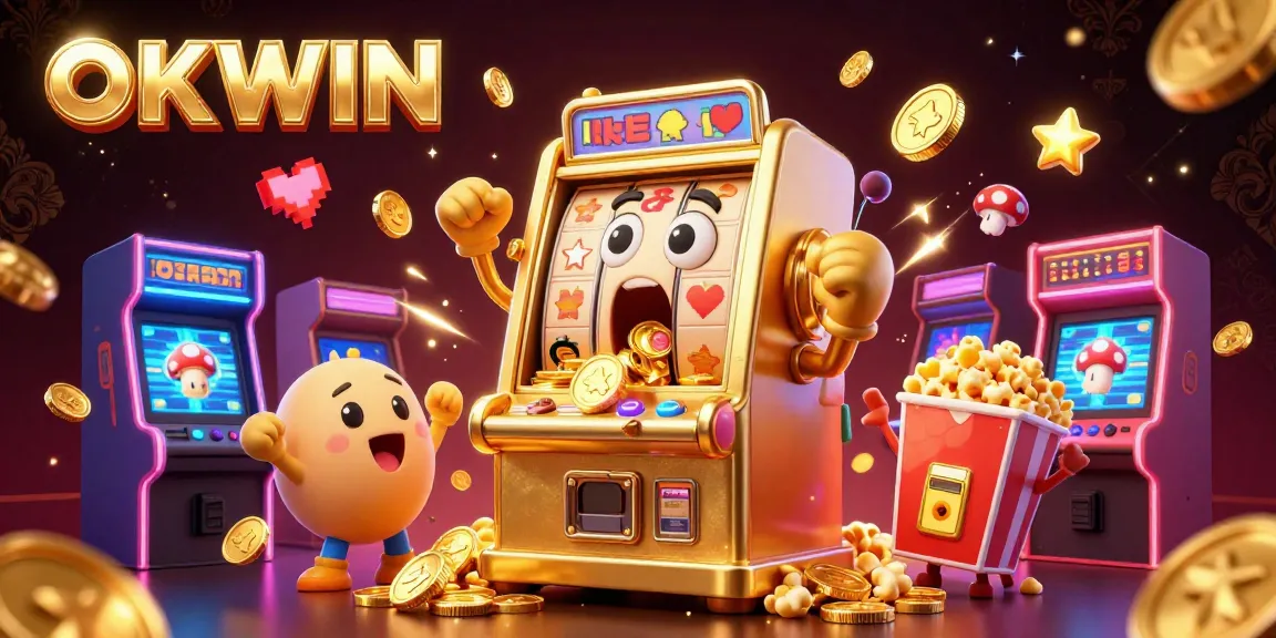 OKWIN slot machine hits jackpot, surrounded by cheering smaller machines and dynamic game elements.