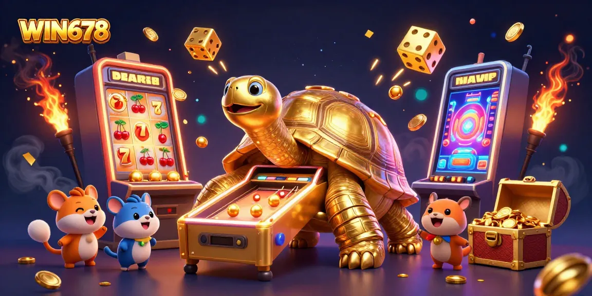 Experience the thrilling excitement of WIN678 with a colossal golden tortoise, jackpot explosions, and vibrant casino elements.