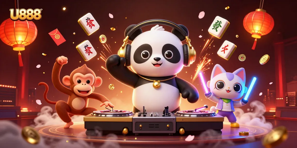 Celebrate excitement at U888 with a vibrant casino scene featuring a DJ panda and lively characters.
