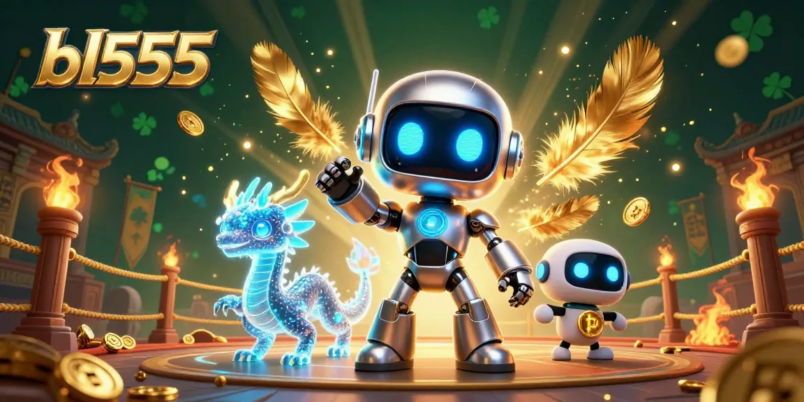 Engage with immersive gaming at bl555 featuring a dynamic robot, dragon companion, and bitcoin drone.
