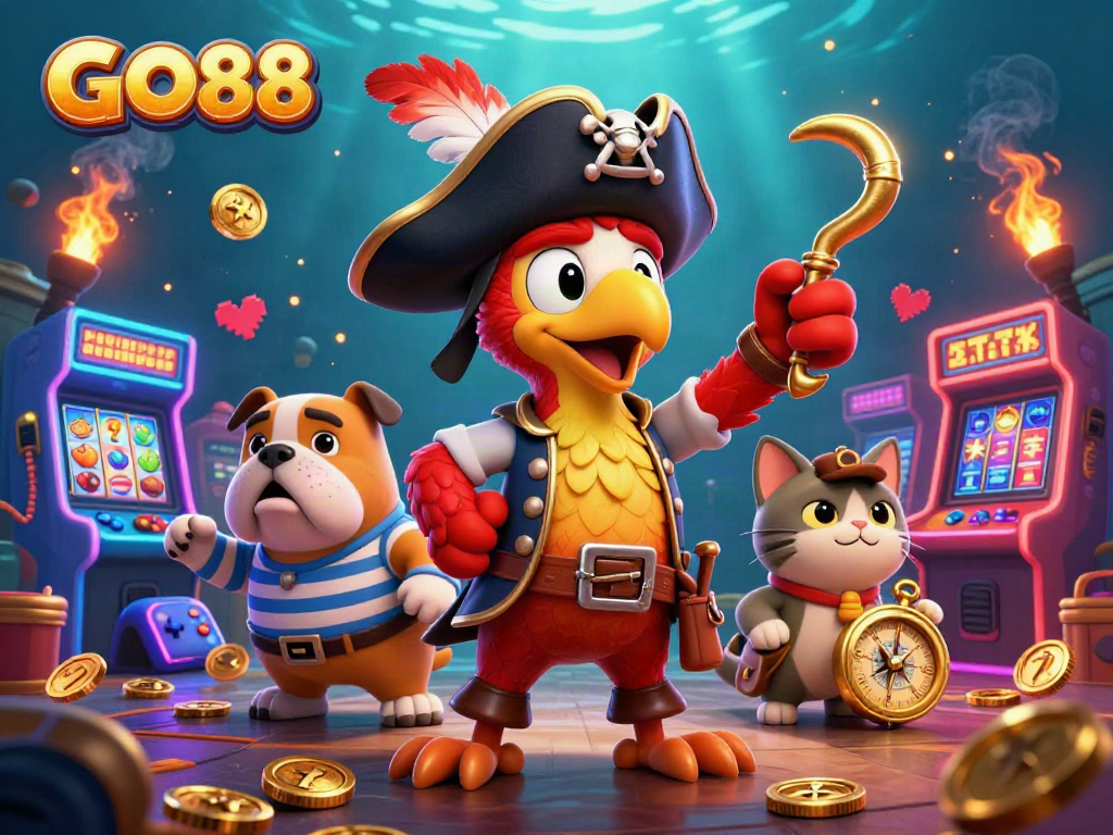 Engage with GO88 casino fun featuring vibrant slot machines and charming 3D characters.