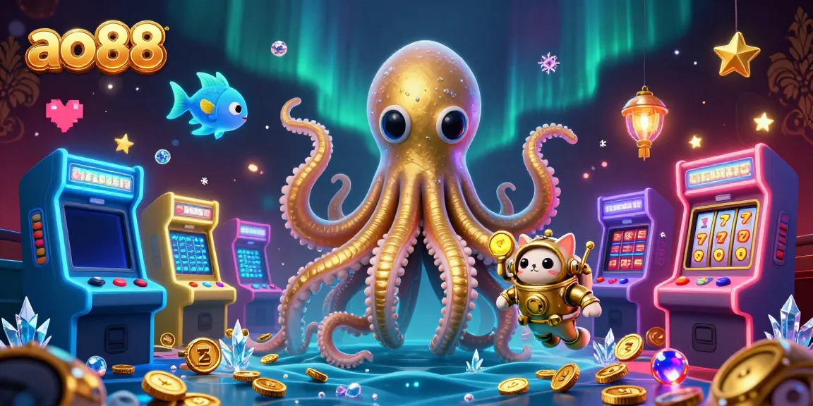 Experience the thrilling world of ao88 casino with a kraken and diving cat in a vibrant, game-filled underwater adventure.