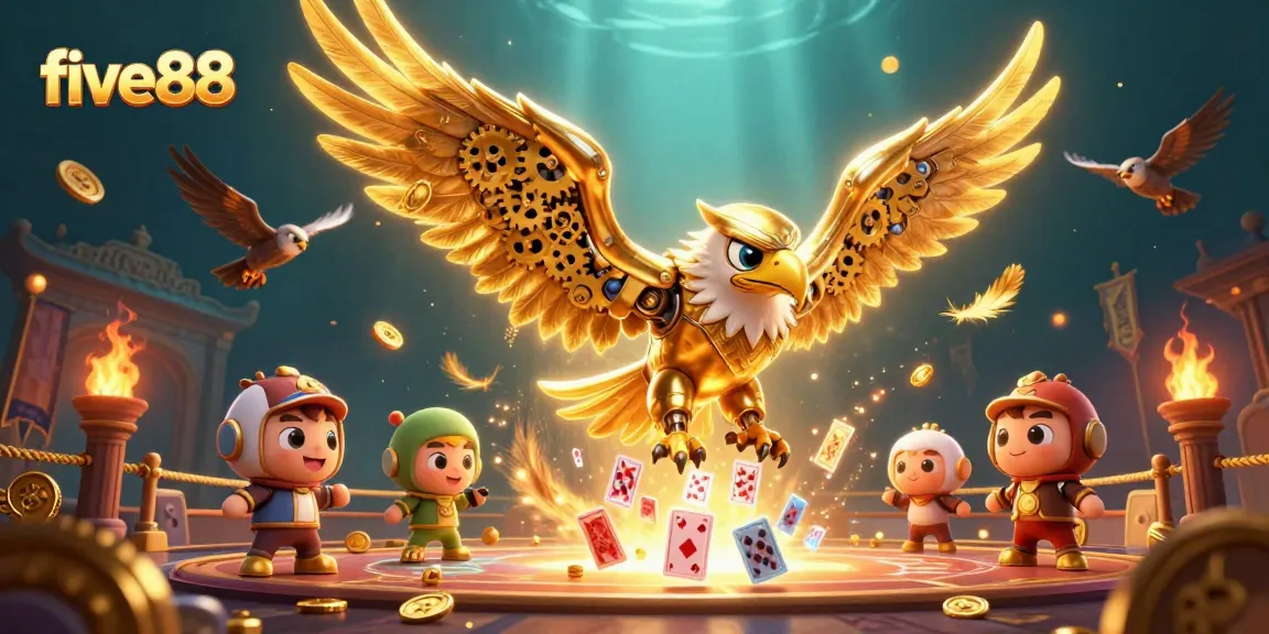 Experience five88 with a dynamic 3D casino illustration showcasing a golden eagle, playing cards, and vibrant elements.