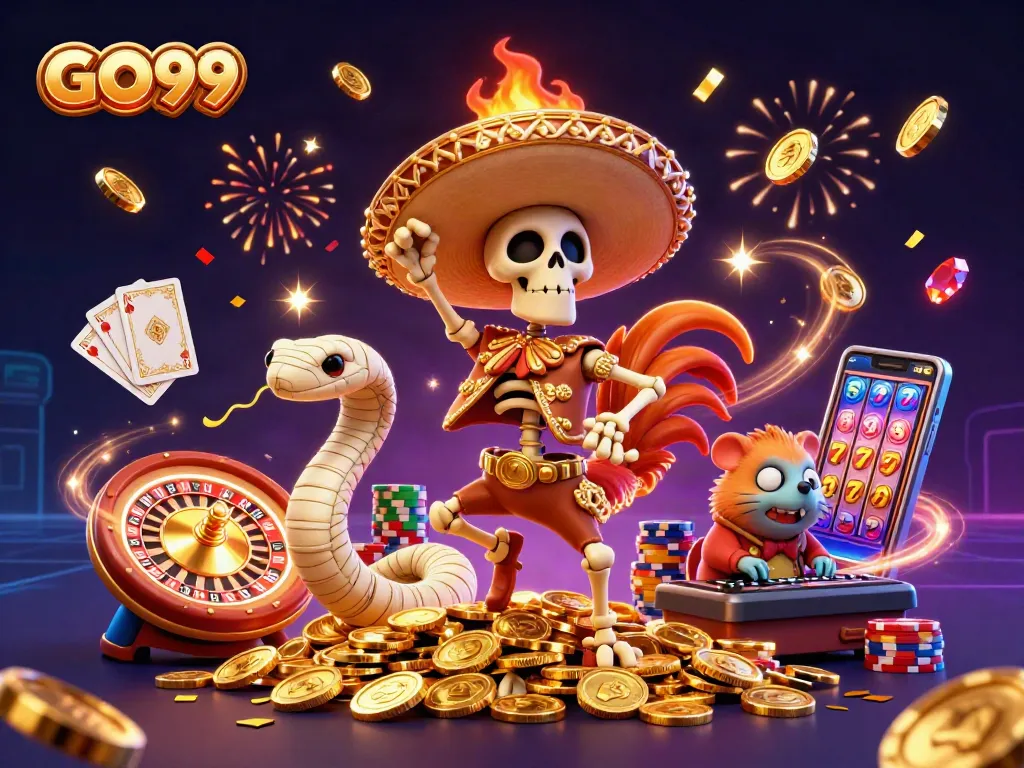 Experience thrilling gaming action at GO99 with a vibrant casino fiesta illustration.
