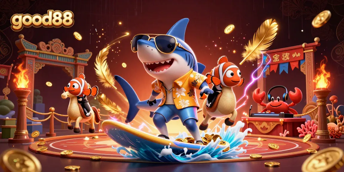 good88 players enjoy thrilling fun with a vibrant casino-themed scene featuring a shark and a DJ.