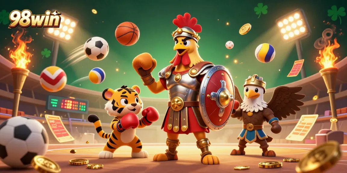 98win showcases an exciting gambling scene with 3D characters in a dynamic casino atmosphere, engaging in thrilling action.
