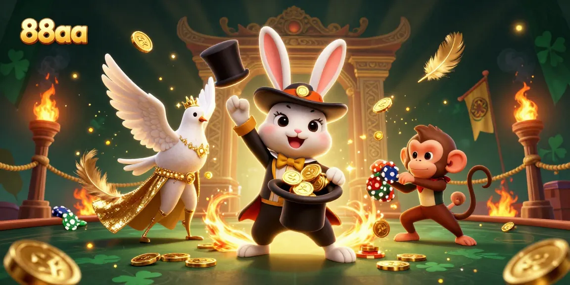 Experience winning thrills with 88aa's cartoon magician, dove, and monkey in a vibrant casino scene.