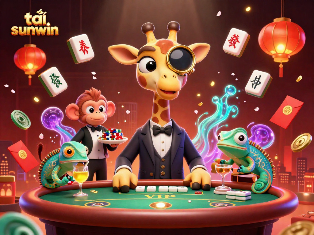 Engage with the vibrant 3D scene of tải sunwin, featuring a cartoon giraffe at a VIP poker table surrounded by gaming elements.