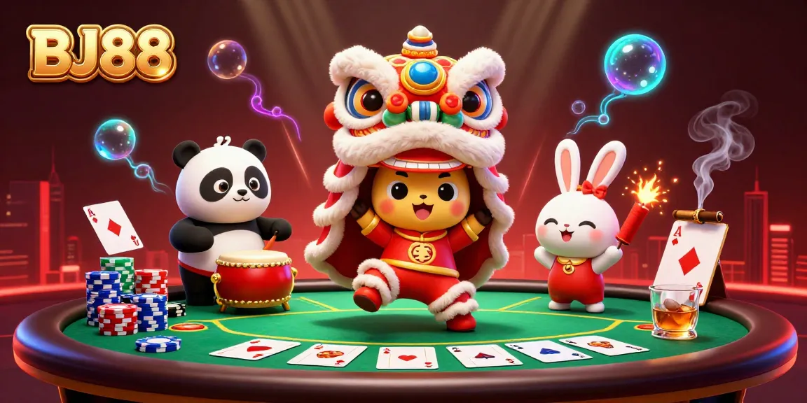 Experience the excitement of BJ88's vibrant casino scene featuring a lion dance and colorful poker elements.