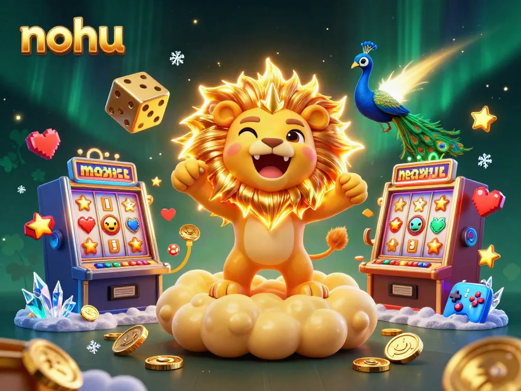 Experience the thrill of nohu slots with dynamic golden dice and a roaring sun lion in this vibrant illustration.