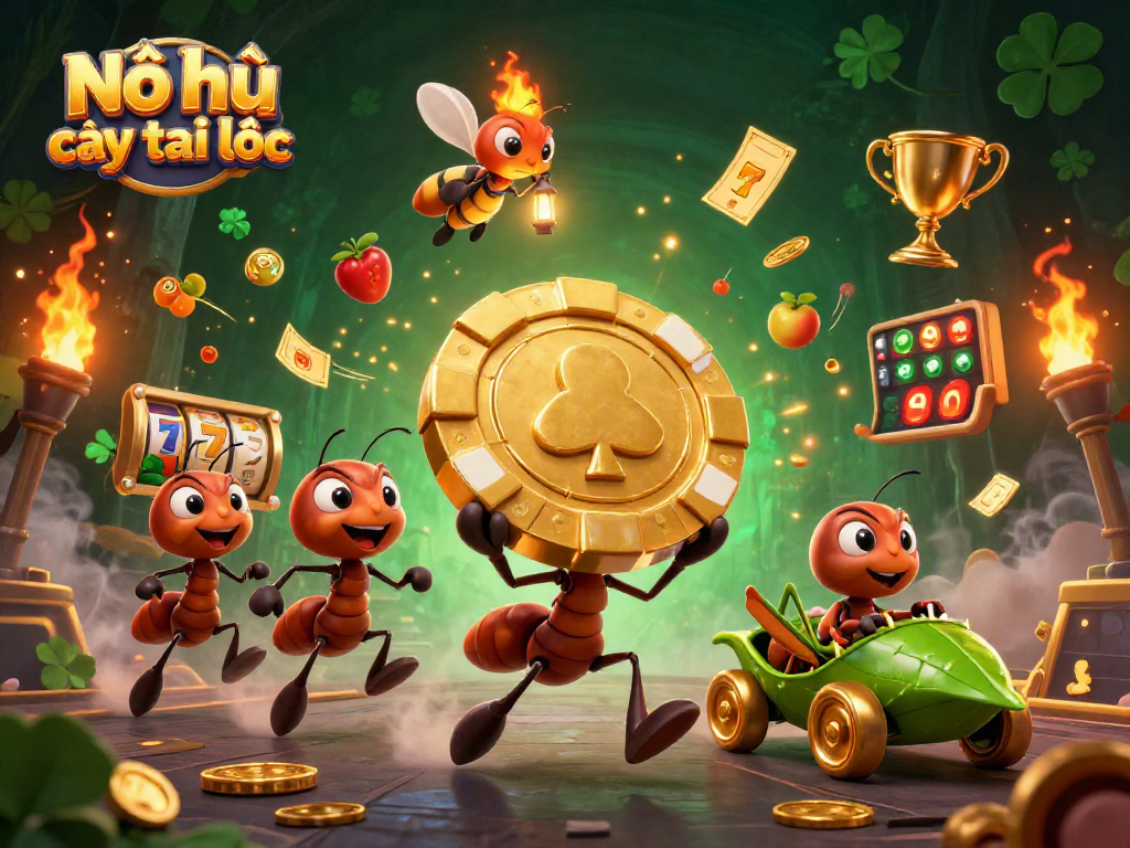 Nổ hũ cây tài lộc with cartoon ants on a golden poker chip carrying jackpot elements in an exciting casino scene