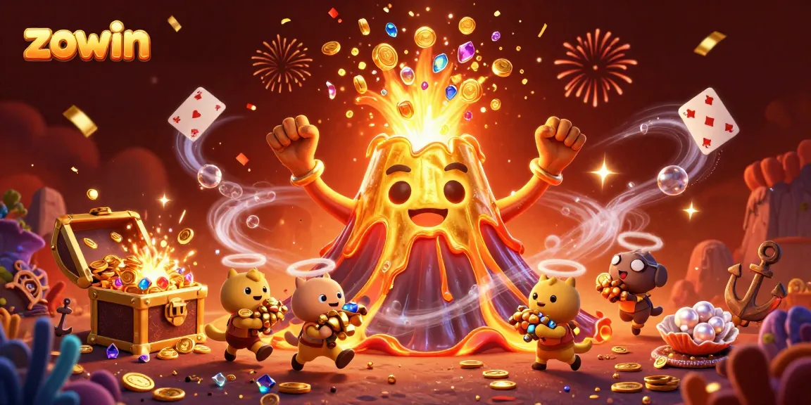 Zowin showcases a vibrant 3D casino explosion of treasures and winning symbols in an animated celebration.