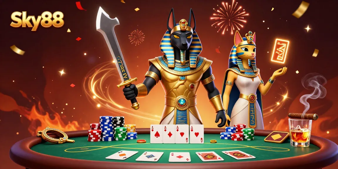 Experience the excitement of Sky88 with thrilling poker action embodied in an Egyptian-themed illustration.