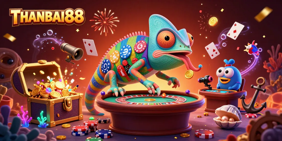 Engage with THANBAI88's vibrant casino experience showcasing a playful chameleon casino owner.
