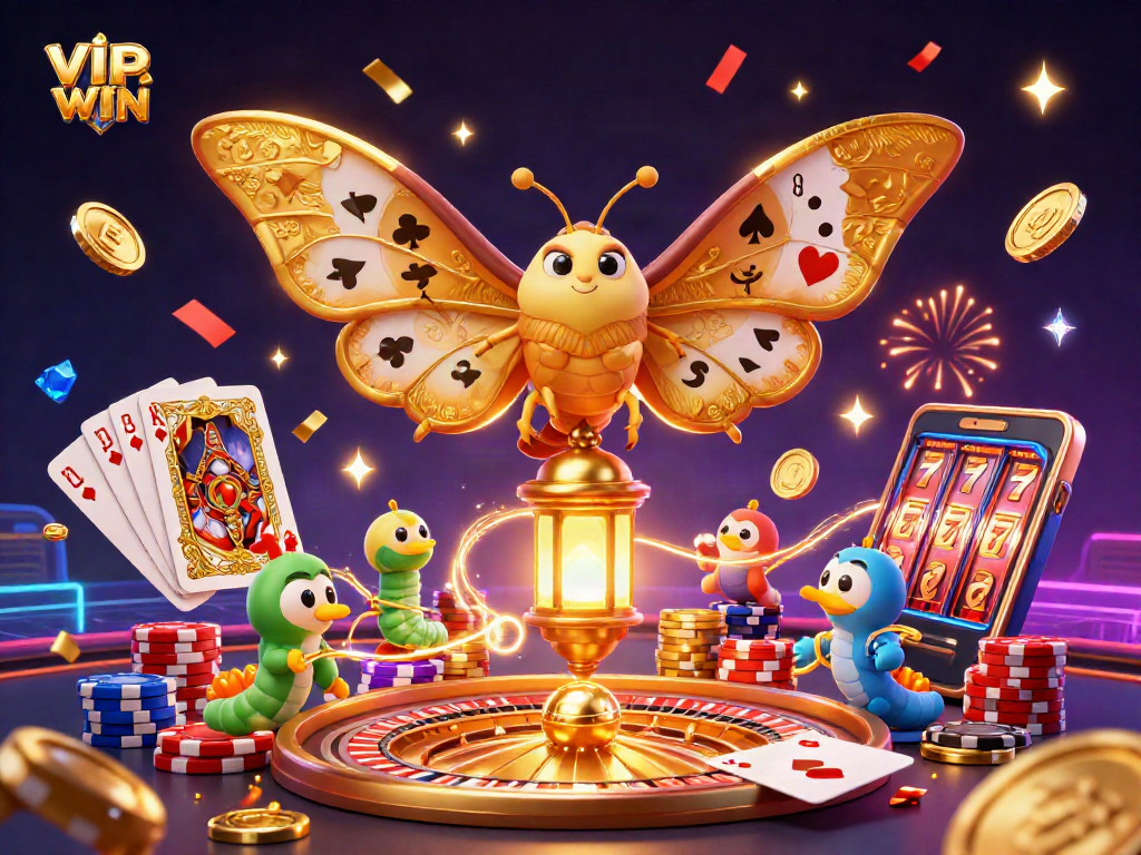 Engage with VIPWIN through vibrant casino scenes featuring golden moths and thrilling game elements.