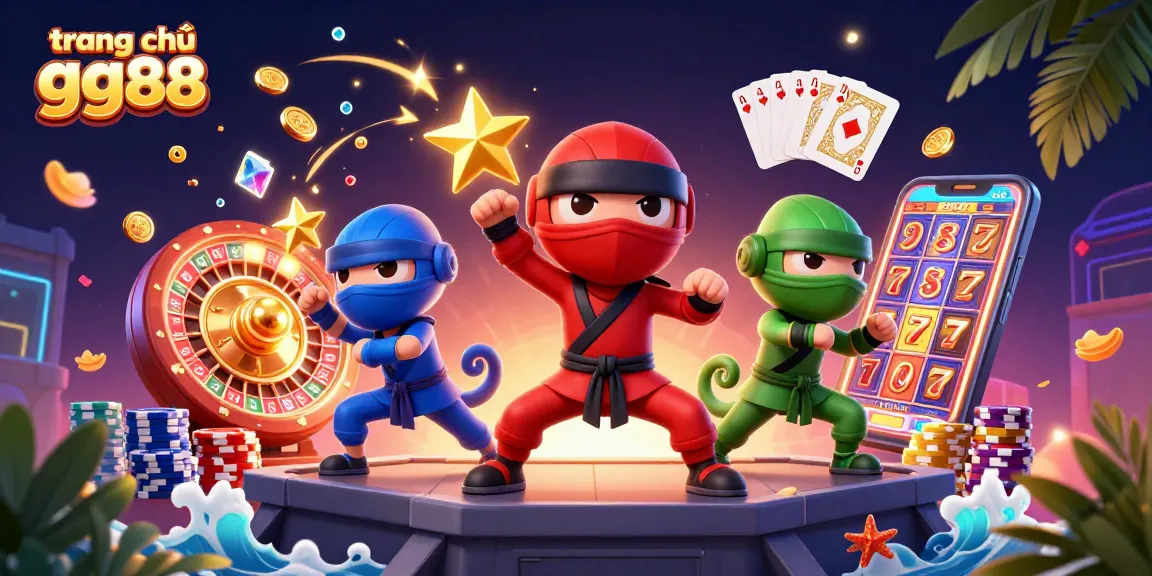 Clique on the vibrant scene showing the colorful trio of ninja chameleons at trang chủ gg88 amid coins and casino elements.