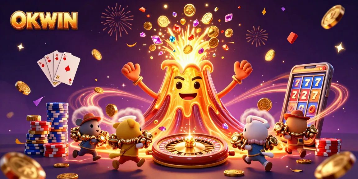 Experience winning thrills at OKWIN with a golden volcano erupting treasures and gaming excitement.