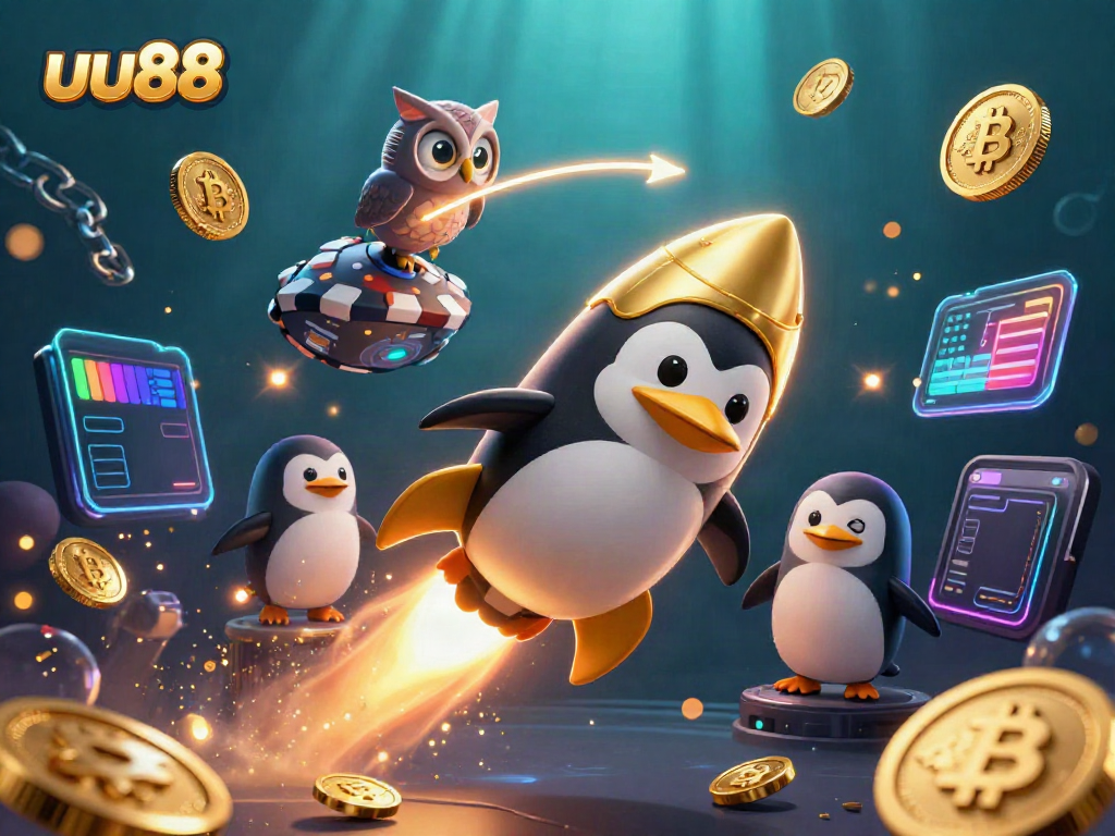 Experience the excitement of uu88 with a rocket-powered penguin and vibrant casino elements in a cosmic adventure.