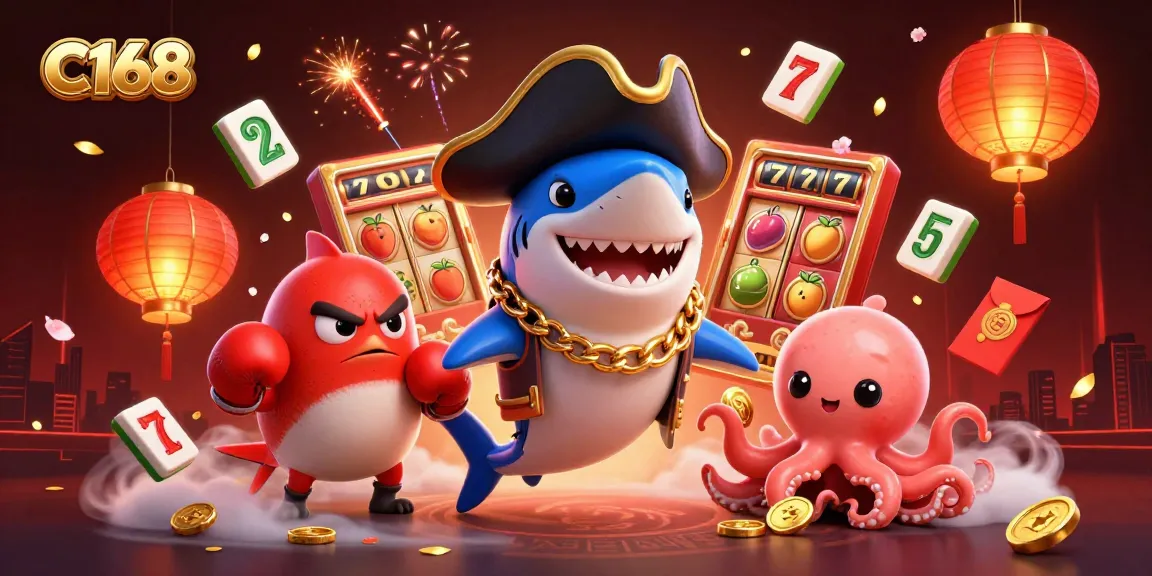 Experience the excitement of C168 with cartoon characters in a colorful casino-themed scene.