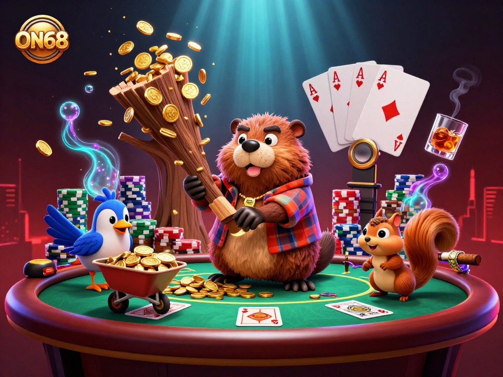 Experience thrilling gaming action with ON68 as cartoon characters collect coins at a vibrant casino