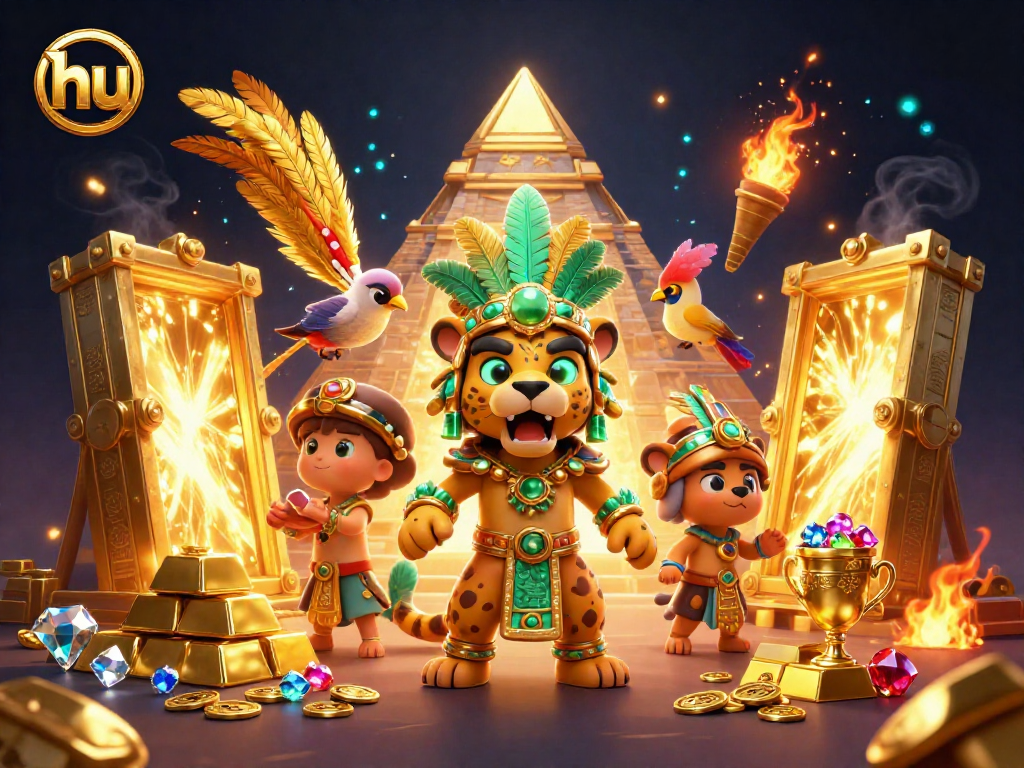 Engage with the thrilling world of hu at this dynamic online casino illustration featuring a Mayan jaguar priest and riches.