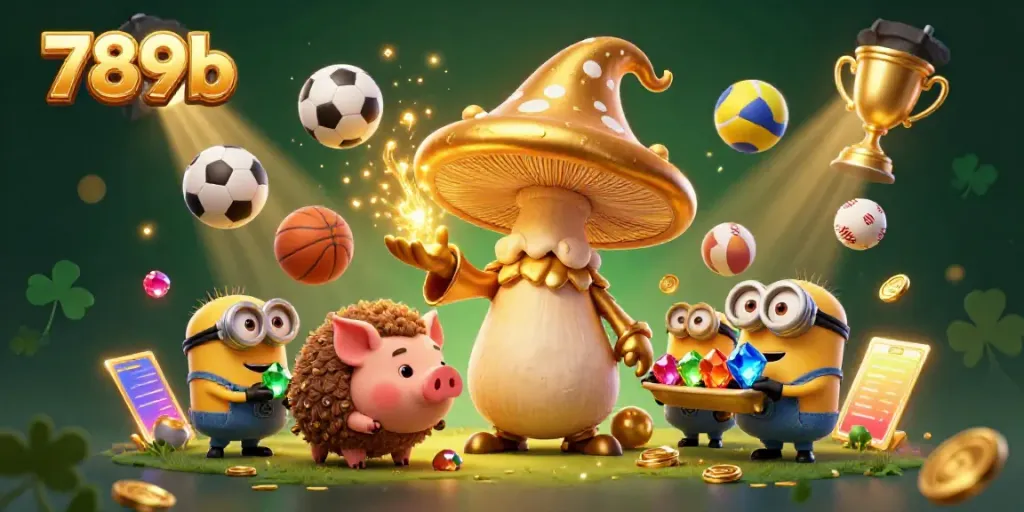Engage with 789b's magical gaming experience in a detailed 3D illustration showcasing vibrant characters and dynamic sports elements.
